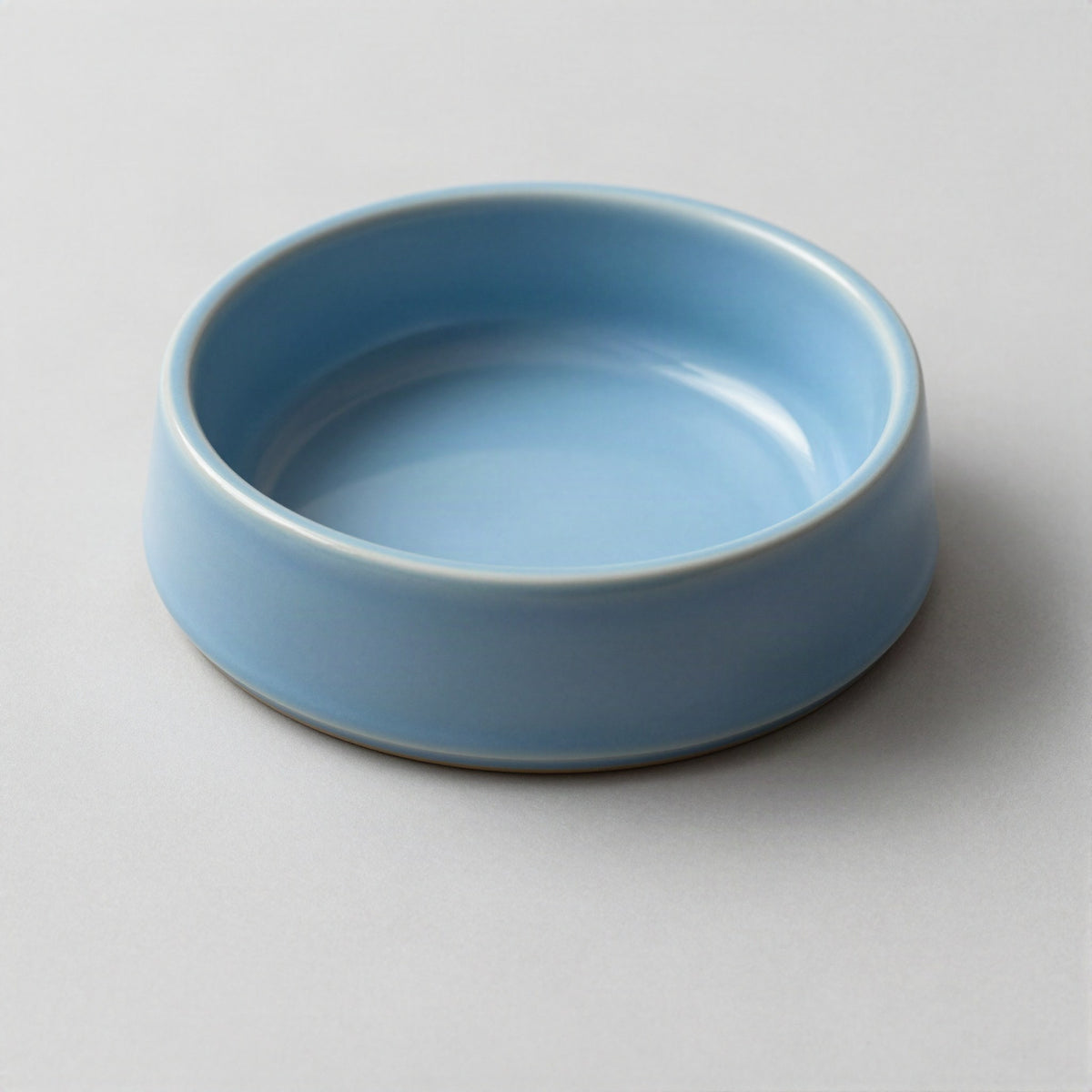 Wide shallow feeding dish on a kitchen floor